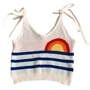 Miss Sparkling Knit Tie Tank Top Crop Retro Sunset Rainbow Tie Strap Women Small